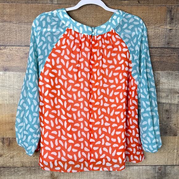 Boden Sylvie Sheer Lined Top Crop Sleeve Blood Orange Teal Brushstroke SZ 8 - Picture 6 of 10